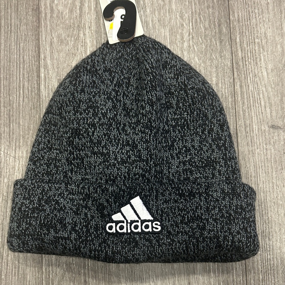 Adidas Mens Marled Knit Beanie Hat Black Grey White Logo Cuffed Winter Cap NEW